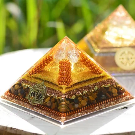 Solar Plexus Chakra Activation Crystal Orgone Pyramid with Tiger’s Eye for Confidence