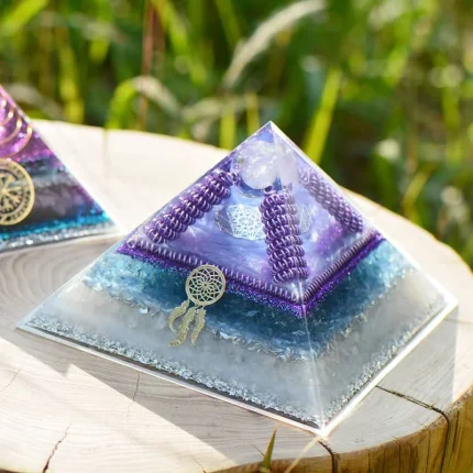 Crown Chakra Orgone Energy Pyramid infused with moonstone, designed to connect with higher consciousness, expand intuition, and deepen spiritual enlightenment.