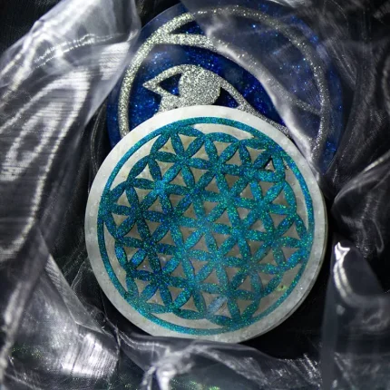 Flower of Life Orgonite coaster made with Clear Quartz for energy release and balance