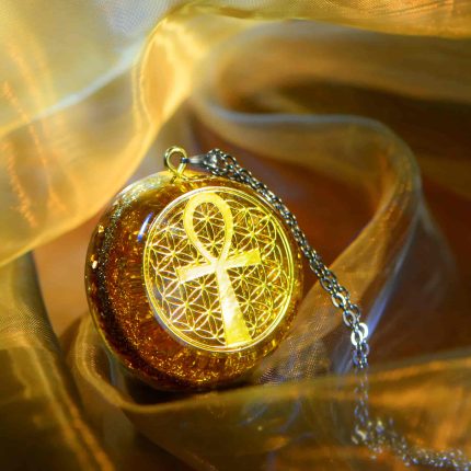 Golden Ankh Jewelry,golden orgone pendant,flower of life necklace