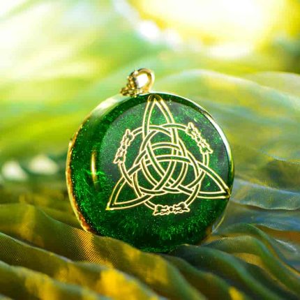 green celtic knot necklace,green crystal pendant,orgone