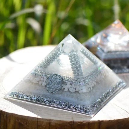 Crystal-powered Orgone Energy Pyramid using clear quartz and moonstone for energy activation